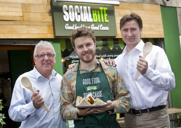 Social Bite's Alan Mahon, centre, with Spoonfed co-founders Willie Biggart, left, and Murray McNicol. Picture: Dominic Cocozza