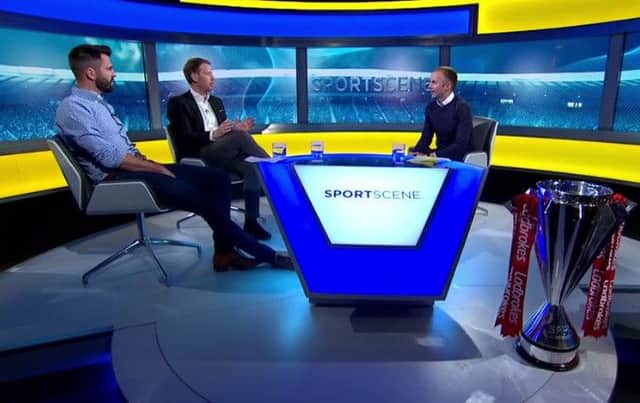 Steven Thompson, Michael Stewart and Jonathan Sutherland on the set of Sportscene. Picture: BBC