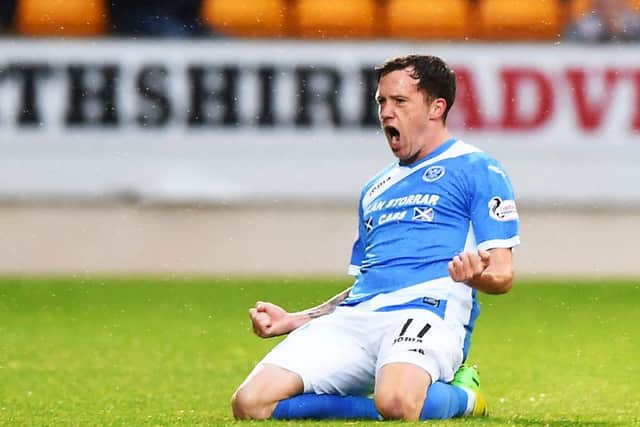 Former Hearts midfielder Danny Swanson celebrates his first of two goals on the night. Picture: SNS