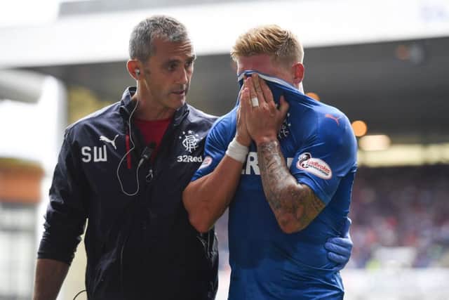 Martyn Waghorn fearing the worst after sustaining the injury against Hamilton. Picture: SNS