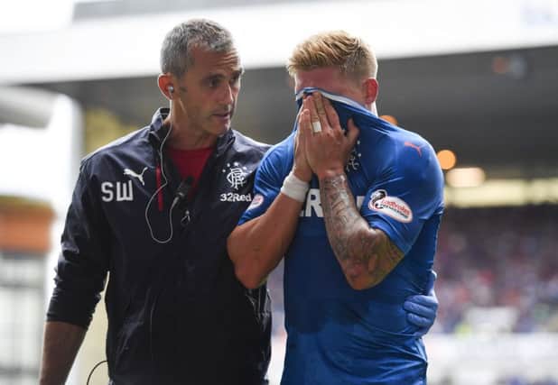 Martyn Waghorn fearing the worst after sustaining the injury against Hamilton. Picture: SNS