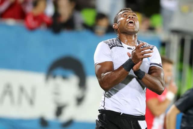 Former Glasgow star Leone Nakarawa celebrates Fiji's fourth try in the final