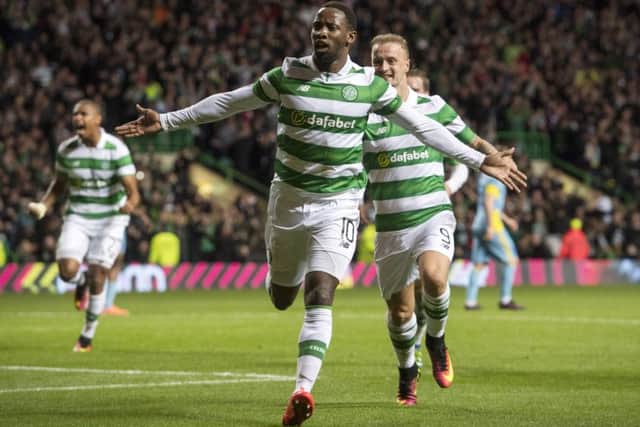 Moussa Dembele celebrates after scoring the match-winner against Astana. Picture: Rob Casey/SNS