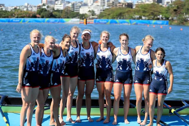 Great Britain celebrate after winning silver in the women's eight. 
PPicture: Mike Egerton/PA Wire