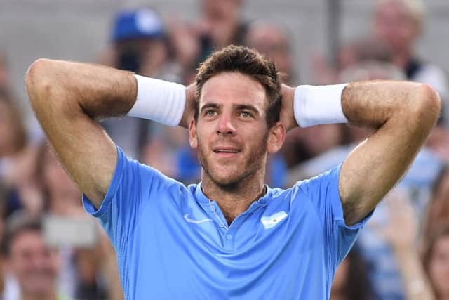 Argentina's Juan Martin Del Potro reacts after winning his men's singles semi-final match against Spain's Rafael Nadal