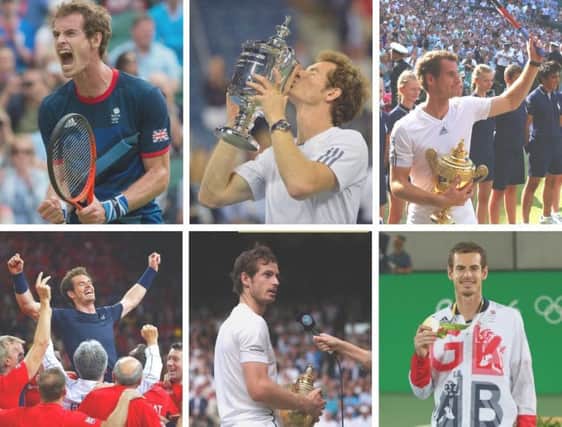 Clockwise starting from top left: Andy Murray wins gold medal at London 2012, defeating Novak Djokovic for US Open title, winning first Wimbledon crown, celebrating as Great Britain win Davis Cup, second Wimbledon triumph, second gold medal. Pictures: Getty