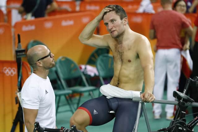 Callum Skinner shows his frustration after being denied a shot at the Keirin final