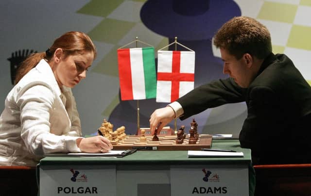 SOFIA, BULGARIA: Michael Adams (R) of England plays against Judith Polgar (L) of Hungary during the seventh round of the M-Tel Masters Chess Tournament in Sofia, 18 May 2005. AFP PHOTO / Dimitar DILKOFF (Photo credit should read DIMITAR DILKOFF/AFP/Getty Images)