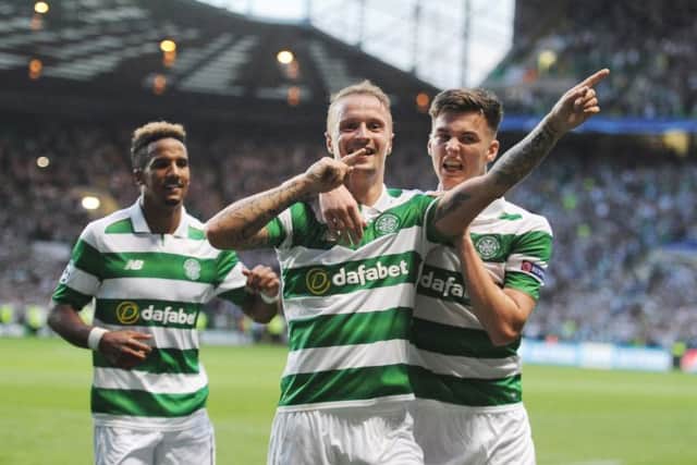 Leigh Griffiths celebrates having put Celtic 3-0 up on their way to a 5-2 win. Picture: John Devlin