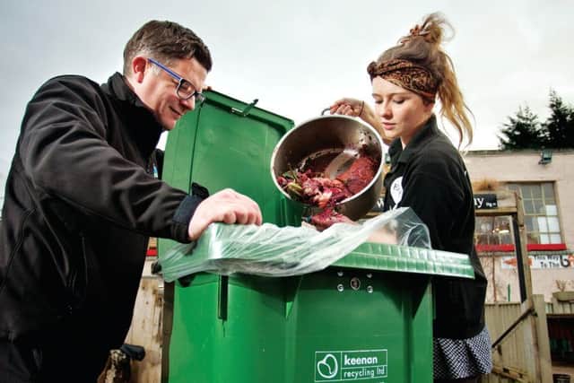 Andrew Gerlach of Keenan Recycling helps Jess Matthew from Earthys Ratcliffe Terrace restaurant in Edinburgh with its food waste disposal. Picture: Contributed