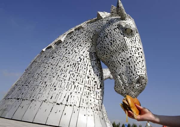 The Kelpie burger being fed to Duke, one of the Kelpies. Picture: Michael Gillen/ Johnston Press