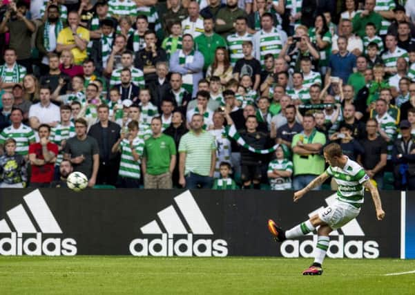 Leigh Griffiths fires in a free-kick to put Celtic 3-0 up. Picture: SNS