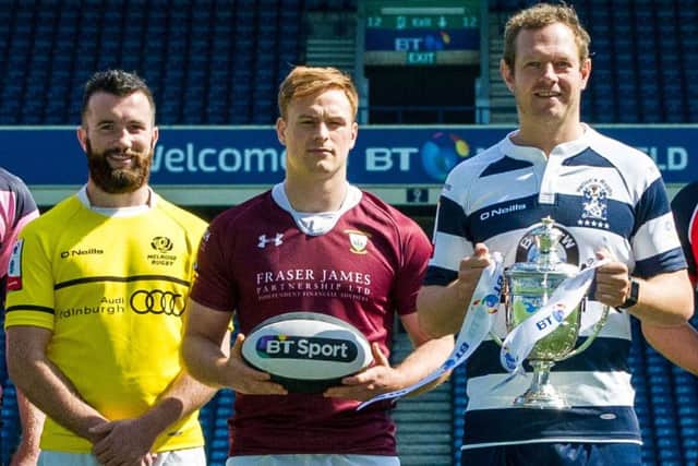Rory Carmichael of Heriot's, right, will take on Melrose, featuring Bruce Colvine, left, in the Charity Shield. Picture: Ross Parker/SNS/SRU