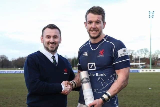 Cairnhill boss Neil Watson with London Scottish winger Jason Harries. Picture: Contributed