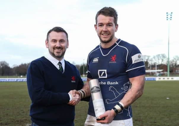 Cairnhill boss Neil Watson with London Scottish winger Jason Harries. Picture: Contributed