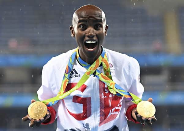 Mo Farah relishes the moment after winning the 5,000 metres race in Rio to win double gold at two successive Olympic Games. Picture: Getty