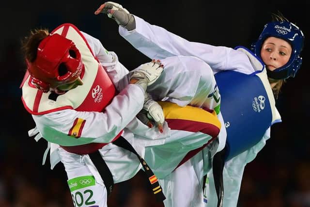 Jade Jones attacks her final opponent, Spain's Eva Calvo. Picture: Getty.