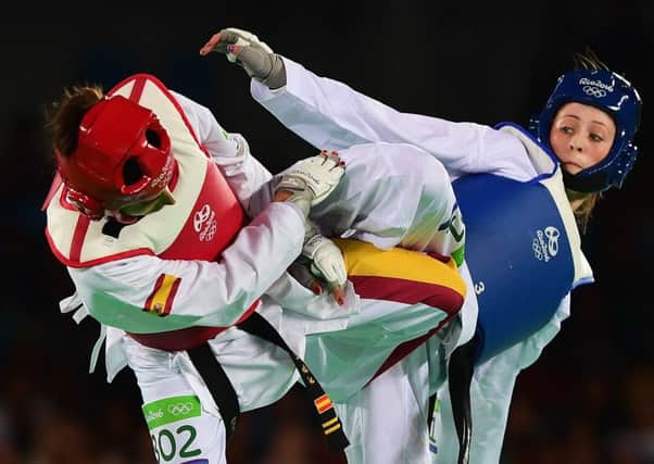 Jade Jones attacks her final opponent, Spain's Eva Calvo. Picture: Getty.