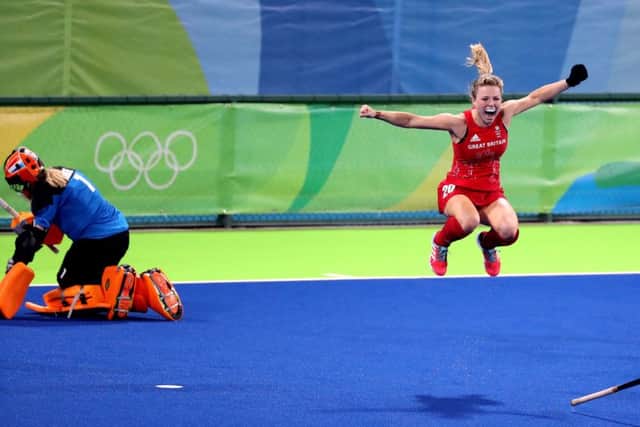 Britain's Hollie Webb celebrates scoring the winning goal in the penalty shootout during the gold medal match against the Netherlands. Picture: Owen Humphreys/PA Wire