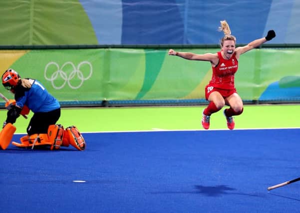 Britain's Hollie Webb celebrates scoring the winning goal in the penalty shootout during the gold medal match against the Netherlands. Picture: Owen Humphreys/PA Wire