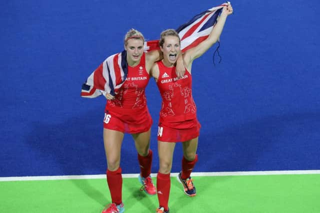 Britain's Lily Owsley (left) and Shona McCallin celebrate beating the Netherlands. Picture: Owen Humphreys/PA Wire