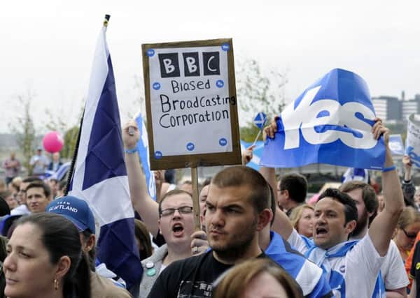 Demonstrators in Glasgow accuse the BBC of bias before the referendum of 2014. Picture: John Devlin