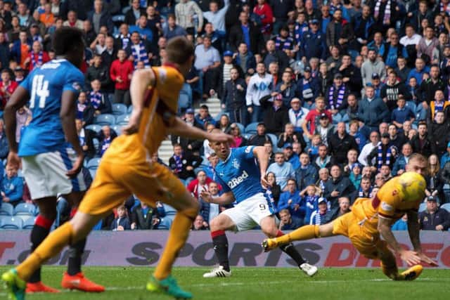 Kenny Miller scores the late, winning goal for Rangers during their 2-1 victory over Motherwell at Ibrox on Saturday. Picture: Kirk O'Rourke