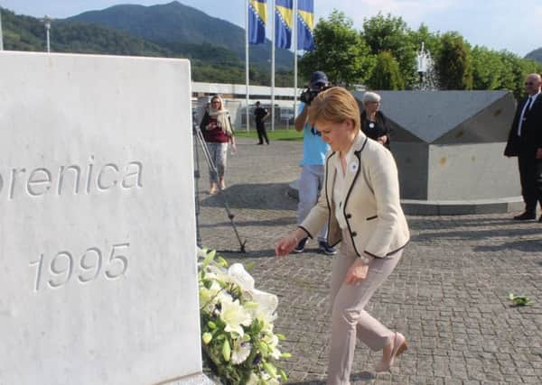 Nicola Sturgeon lays a wreath at the Srebrenica-Potocari Memorial. The First Minister called for lessons to be learned to tackle intolerance and hatred in the world. Picture: contributed