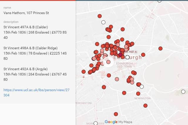 The Edinburgh Slavery Map maps the addresses of Edinburgh citizens who sought reimbursal from the government after slavery was abolished. Picture: ScotlandSlaveryMap.com