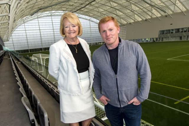 Hearts owner Ann Budge and Hibs head coach Neil Lennon at the Oriam Scotlands sports performance centre. Picture: Craig Williamson/SNS