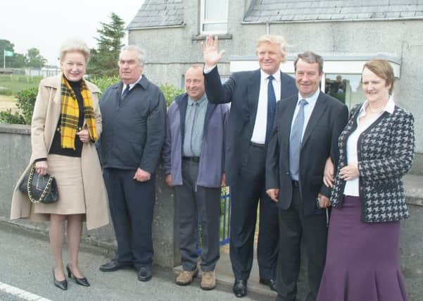 Trump with, from left to right, his sister Maryanne Trump Barry and cousins Willie Murray, Alasdair Murray, Calum Murray and Chrissie Murray at the house in Tong where his mother was brought up