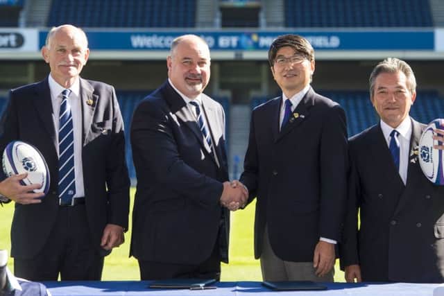 From left, Scottish Rugby president Rob Flockhart and chief executive Mark Dodson with Nagasakis mayor, Tomihisa Taue, and the citys chairman, Masanao Maiguma, at BT Murrayfield where they signed a strategic alliance agreement ahead of the Rugby World Cup.