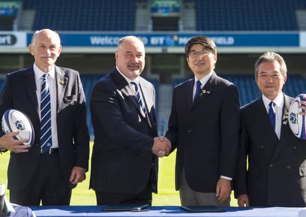 From left, Scottish Rugby president Rob Flockhart and chief executive Mark Dodson with Nagasakis mayor, Tomihisa Taue, and the citys chairman, Masanao Maiguma, at BT Murrayfield where they signed a strategic alliance agreement ahead of the Rugby World Cup.