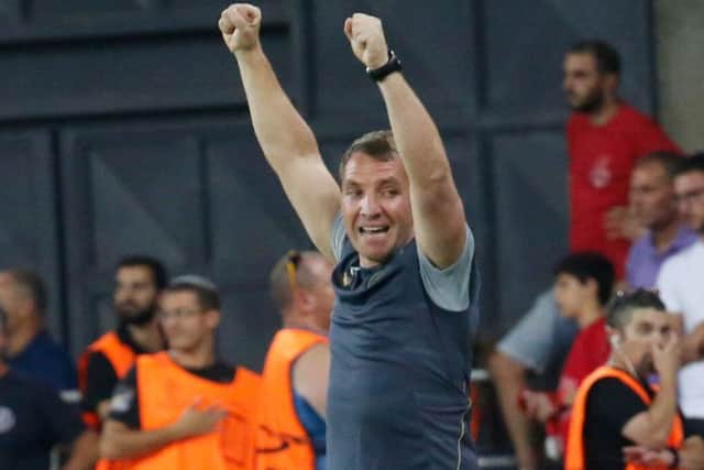 Brendan Rodgers celebrates as the full-time whistle goes. Picture: AFP/Getty