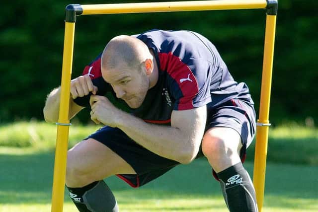 Rangers triallist Phillipe Senderos training at the Rangers Football Centre yesterday.