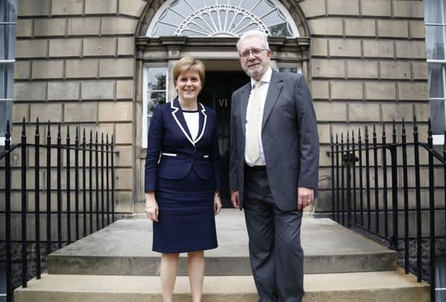 Nicola Sturgeon unveils SNP veteran Mike Russell as her Minister for UK Negotiations on Scotlands Place in Europe outside Bute House. Picture: PA