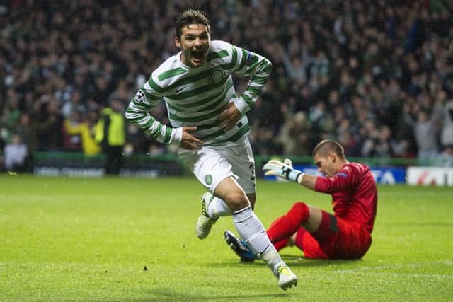Tony Watt celebrates after scoring that famous goal against Barcelona. Picture: SNS