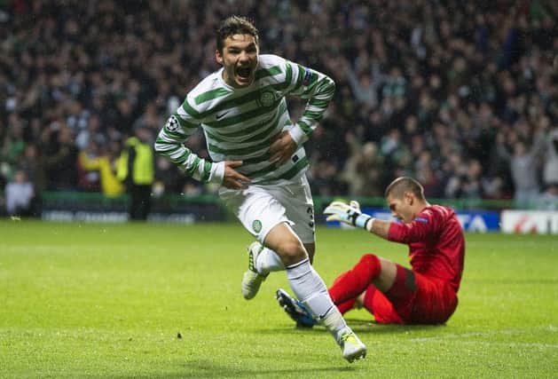 Tony Watt celebrates after scoring that famous goal against Barcelona. Picture: SNS