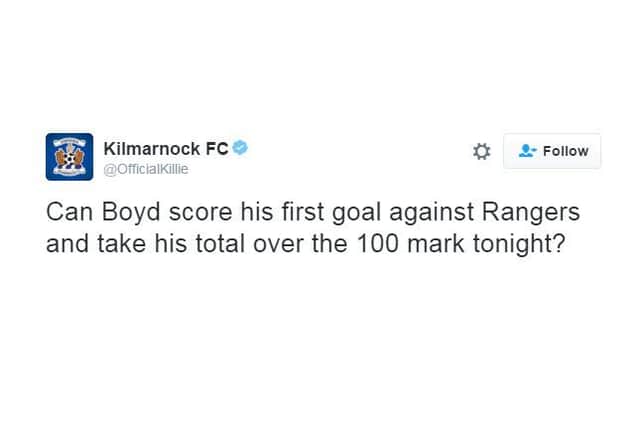 The tweet from the Official Kilmarnock Twitter account. Picture: Twitter