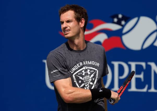 NEW YORK, NY - AUGUST 26:  Andy Murray of Great Britain hits a shot during a practice session prior to the start of the 2016 US Open at the USTA Billie Jean King National Tennis Center on August 26, 2016 in the Queens borough of New York City.  (Photo by Chris Trotman/Getty Images for USTA)