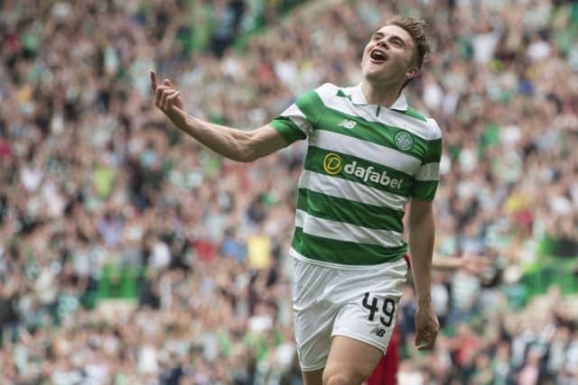 James Forrest celebrates putting Celtic 2-1 in front. Picture: SNS