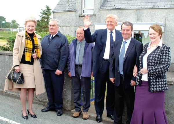 Trump with, from left to right, his sister Maryanne Trump Barry and cousins Willie Murray, Alasdair Murray, Calum Murray and Chrissie Murray at the house in Tong where his mother was brought up