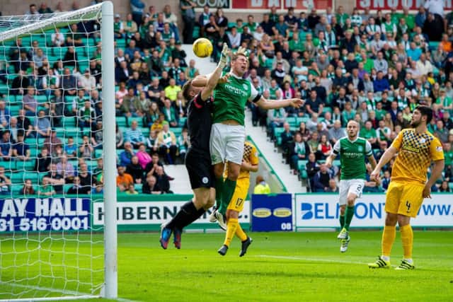 Grant Holt scores Hibs second goal of the afternoon as Neil Lennons side defeated Morton 4-0 at Easter Road. Picture: SNS