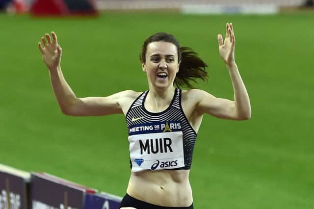 Laura Muir crosses the line to win the 1500m in Paris. Picture: AFP/Getty
