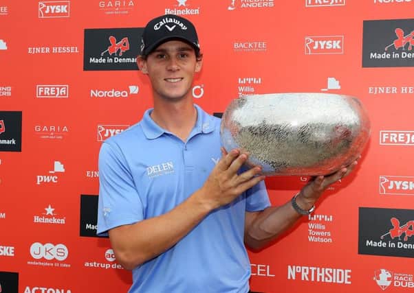 Thomas Pieters of Belgium poses with the trophy following his victory during the final round of Made in Denmark at Himmerland. Picture: Andrew Redington/Getty Images