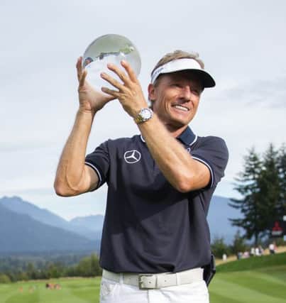 Bernhard Langer lifts aloft the Boeing Classic trophy after his win in Seattle. Picture: Lindsey Wasson/The Seattle Times via AP