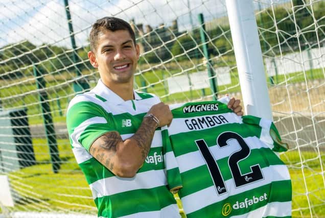 Cristian Gamboa is unveiled after completing his move to Celtic. Picture: SNS