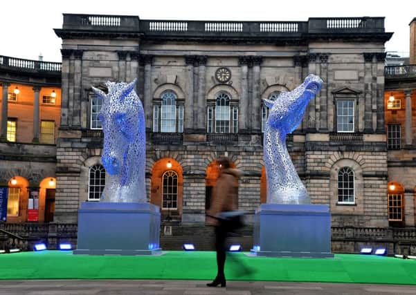 The Kelpies maquettes on display Edinburgh's Old College quadrangle. Picture: Jon Savage