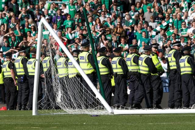 Goal posts were damaged in the aftermath of the Scottish Cup final. Picture: Robert Perry