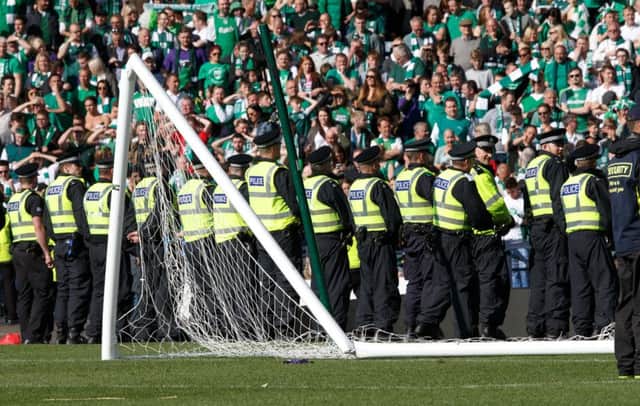 Goal posts were damaged in the aftermath of the Scottish Cup final. Picture: Robert Perry